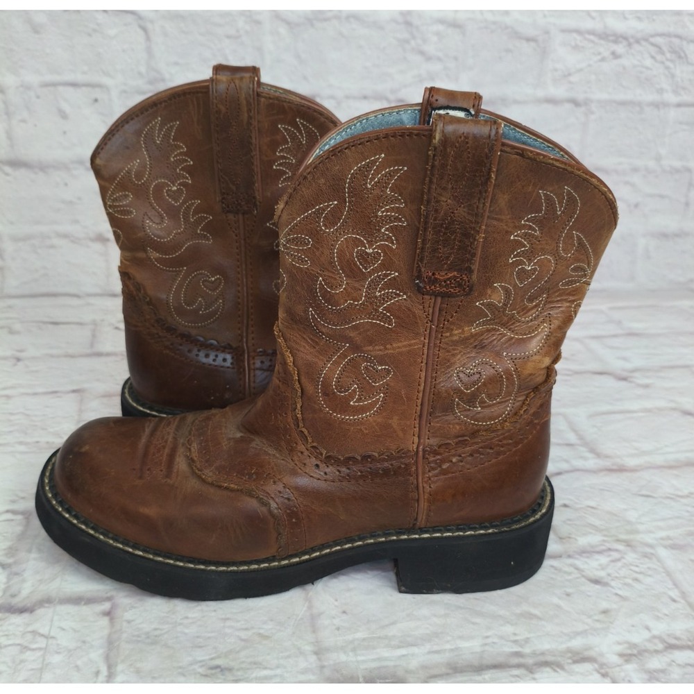 Ariat Fatbaby Brown Leather Western Boots Embroidered Hearts Women's Size 9.5B